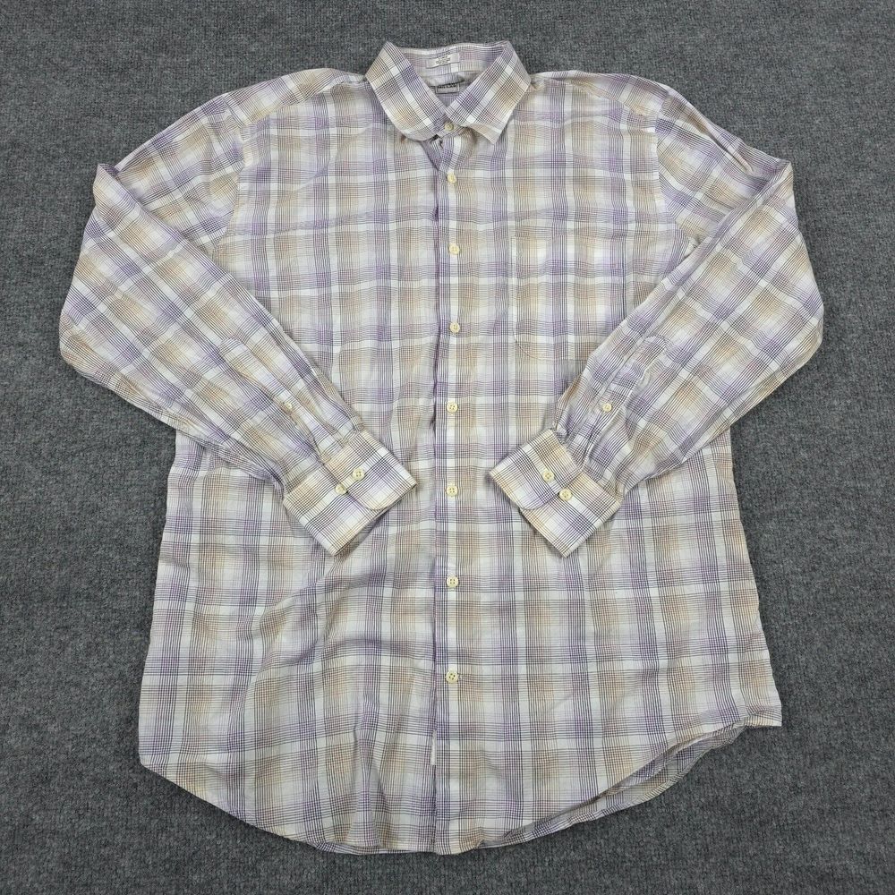 Peter Millar‎ Shirt Mens Large White Purple Plaid Casual Formal Golf Golfing